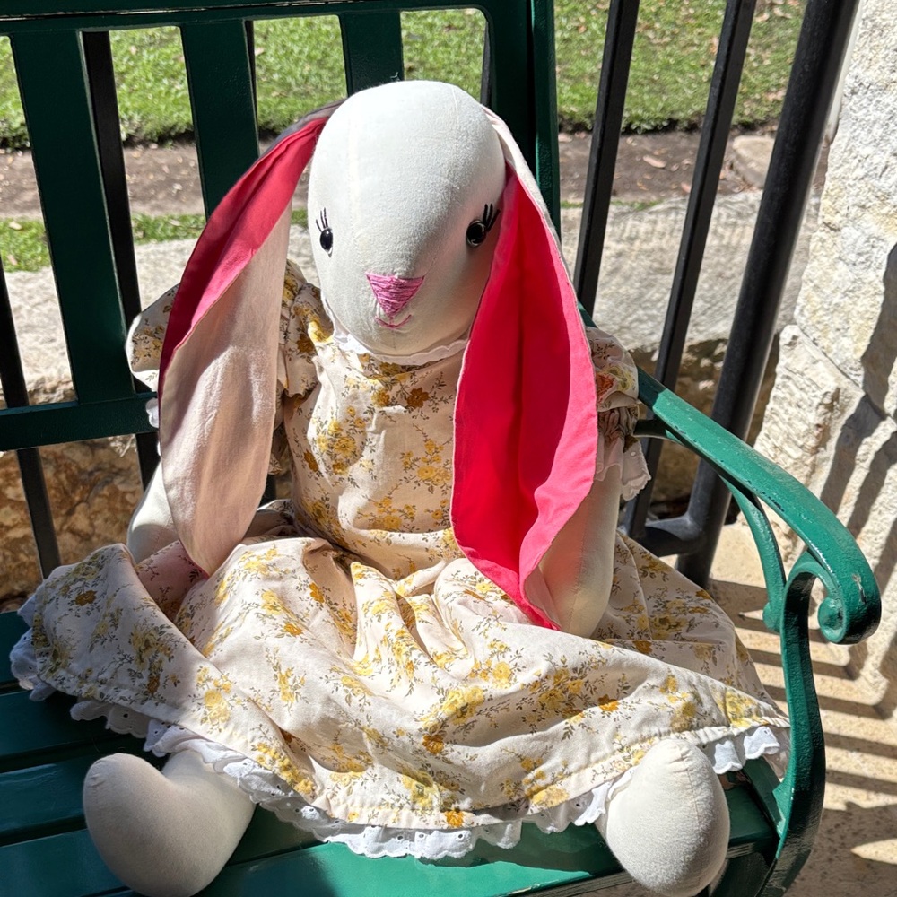 Floral Dress Plush Bunny with Pink Ears